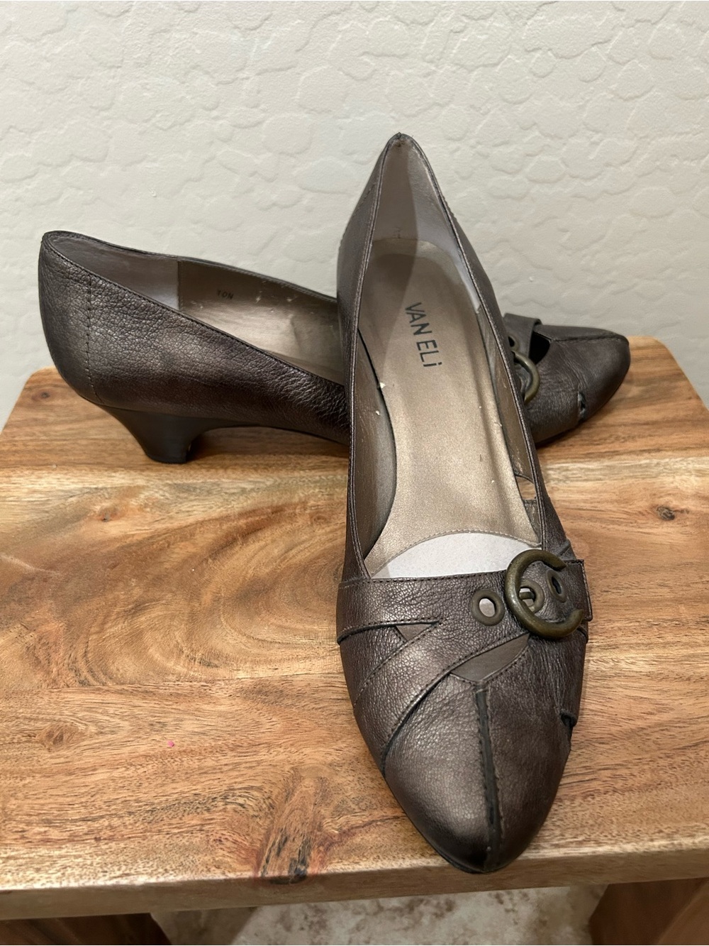 Vaneli Metallic Brown Pointed Round Toe Low Heel Pumps with Buckle